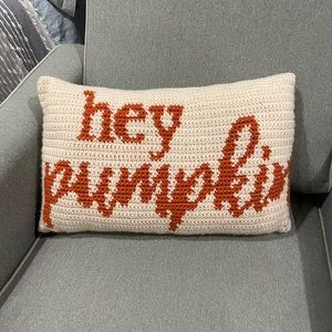 Handmade crochet HEY PUMPKIN pillow with pillow insert.